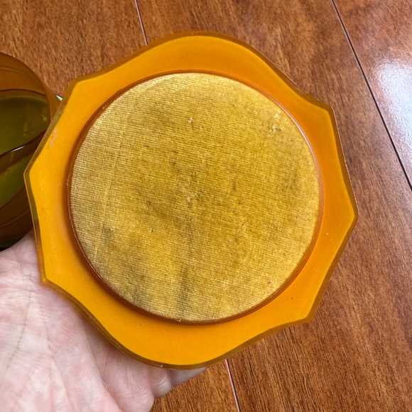 1930s Celluloid Art Deco Amber Blue Floral Powder Vanity Jar Trinket Box Jewelry - Picture 3 of 11